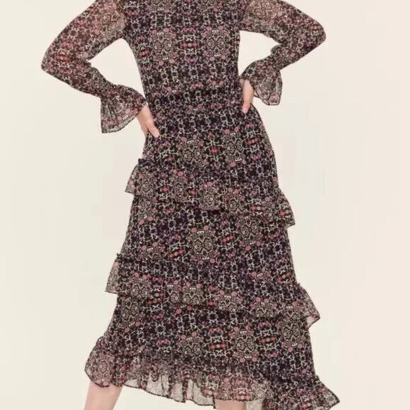 MISA LOS ANGELES Rania Asymmetrical Tiered Ruffle Dress Floral Smocked Fairy - Picture 3 of 16